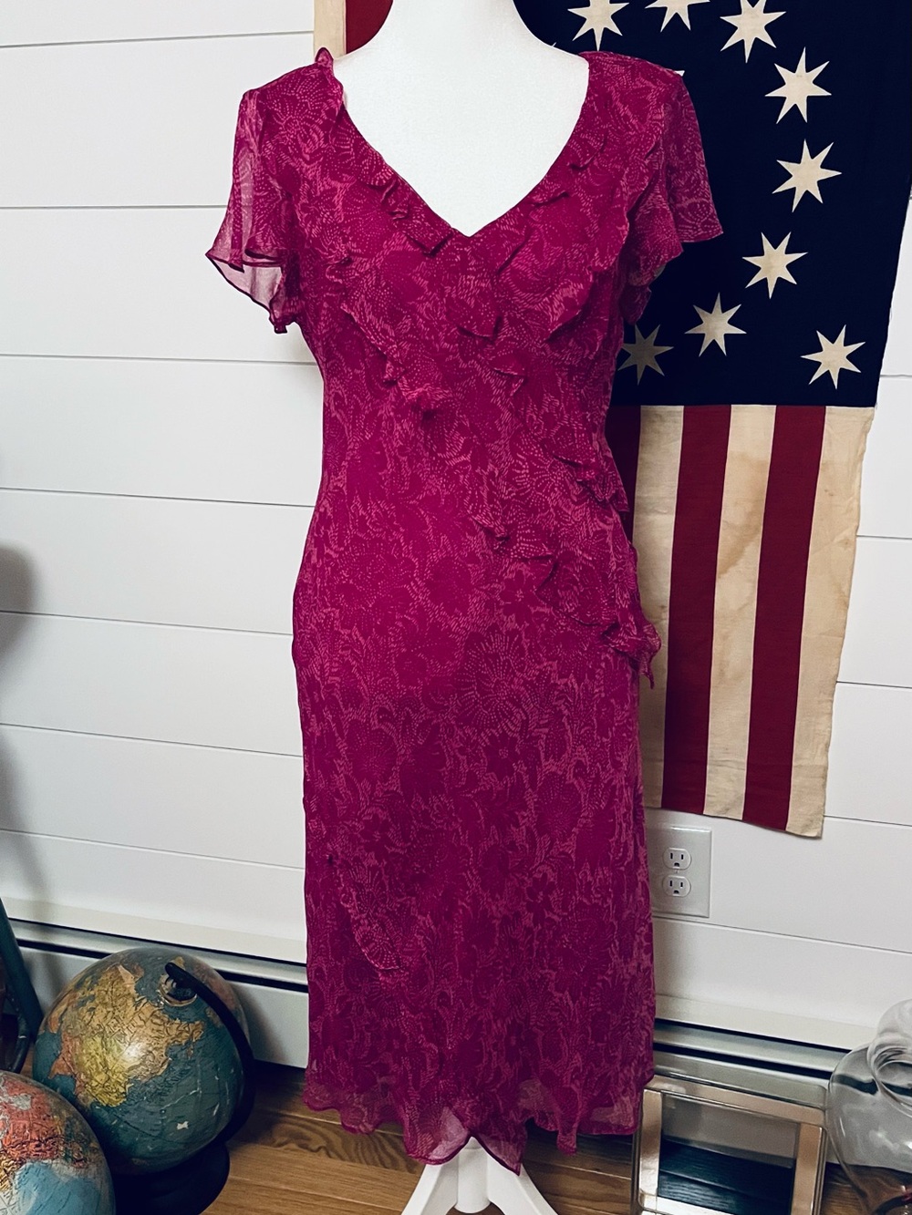 Y2K Robbie Bee Silk Pink Ruffle V-Neck Midi Dress whimsy fairy 🧚♀️